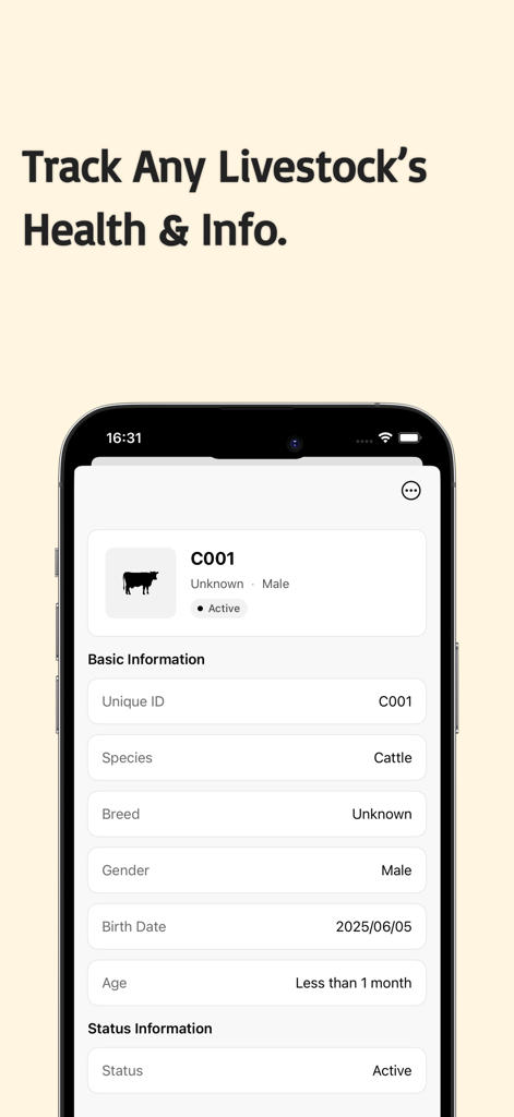 Livestock Manager-Farm Records - A mobile app interface displaying a detailed health and information record for a cattle livestock animal.