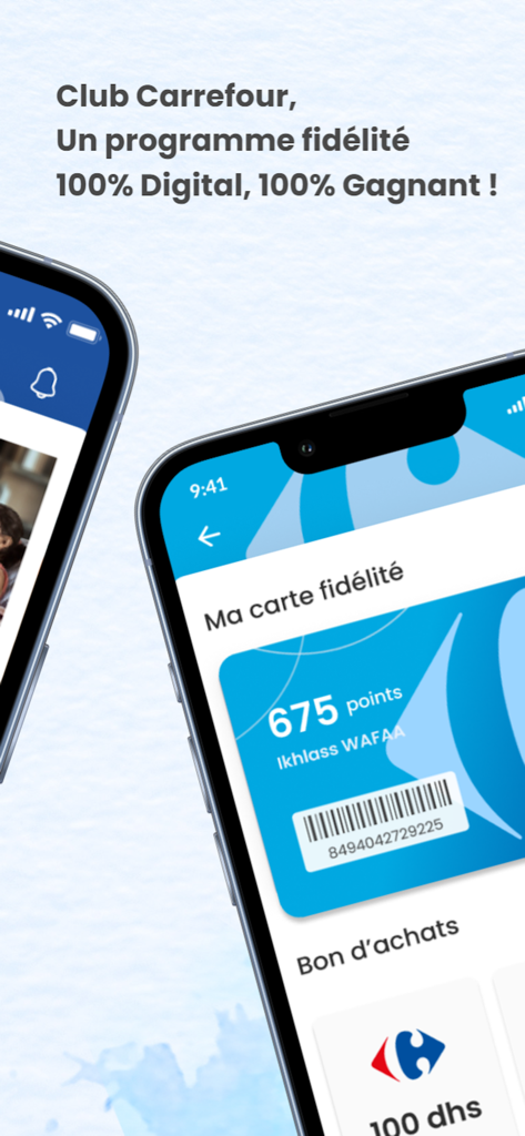 Écran de smartphone affichant la carte de fidélité digitale Carrefour Maroc avec le solde des points et les bons d'achat