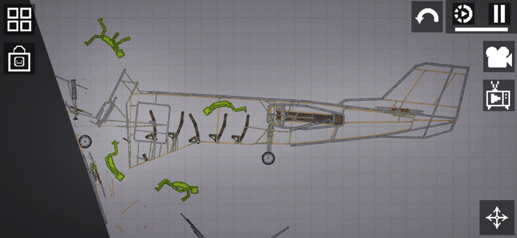 A gameplay screenshot of Melon Sandbox showing green ragdoll characters and a skeletal metal airplane structure in a physics simulation environment