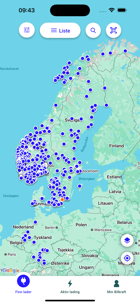Map view showing electric vehicle charging stations across Scandinavia in the Bilkraft app