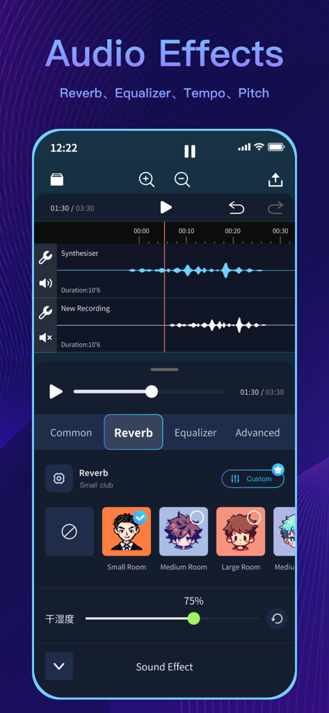 Audio Editor - AI Music Editor - Mobile app interface showing multi-track audio editing and customizable reverb sound effects.