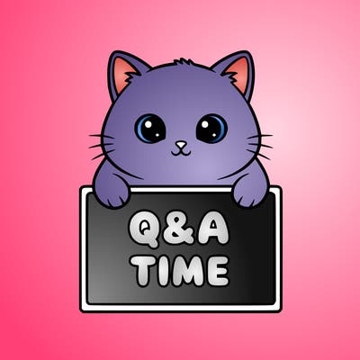 cute cat, holding a sign with q&a time written on it