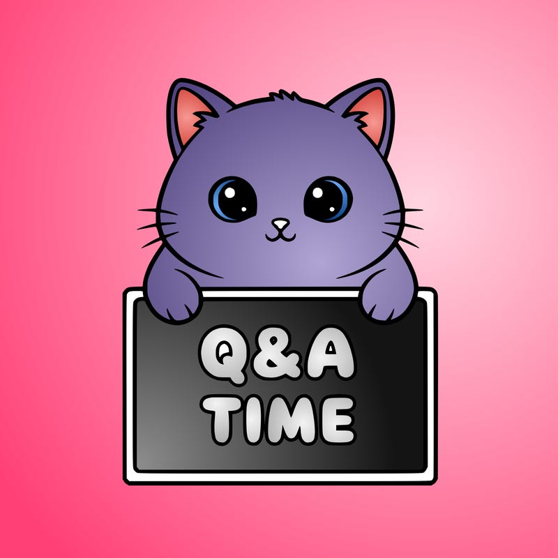 cute cat, holding a sign with q&a time written on it