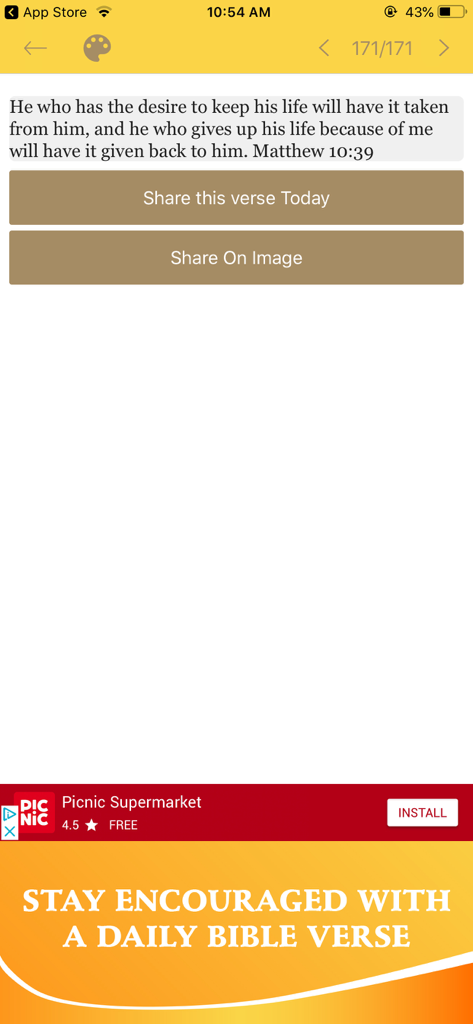 Bible In Basic English - BBE - Pantalla de la aplicación Biblia en Inglés Básico que muestra un versículo diario con botones para compartir