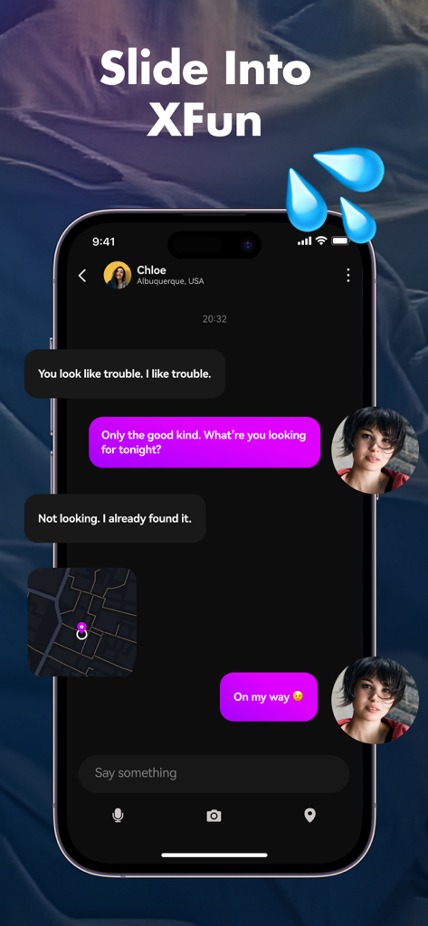Ein flirtender Chatverlauf und eine geteilte Kartenansicht auf dem Bildschirm der XFun-Dating-App