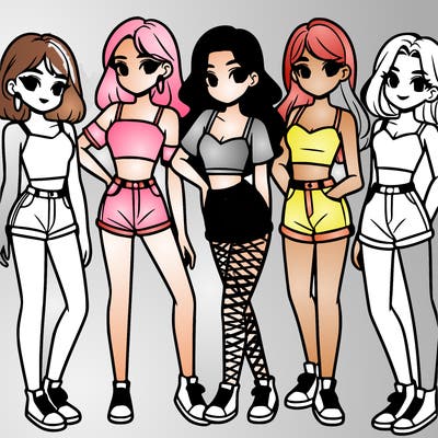 a group of girls wearing crop tops and shorts