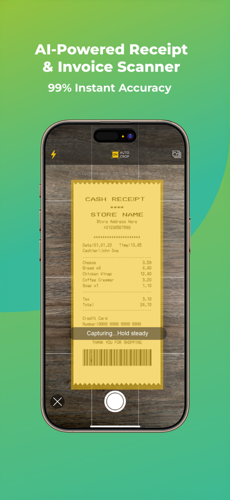 Foreceipt app AI-powered scanner capturing a business receipt with high accuracy