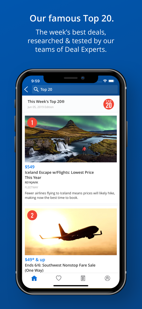 Travelzoo Hotel & Travel Deals - Interfaz de la aplicación móvil Travelzoo que muestra las ofertas semanales Top 20 de viajes seleccionadas, incluidos paquetes de vuelos y hoteles