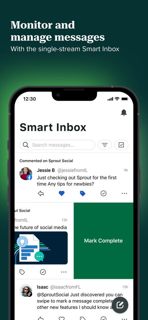 Sprout Social mobile app Smart Inbox interface for monitoring and managing social media messages