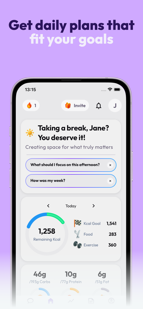 Eylo AI weight loss coach app dashboard showing calorie tracking and personalized daily plans.