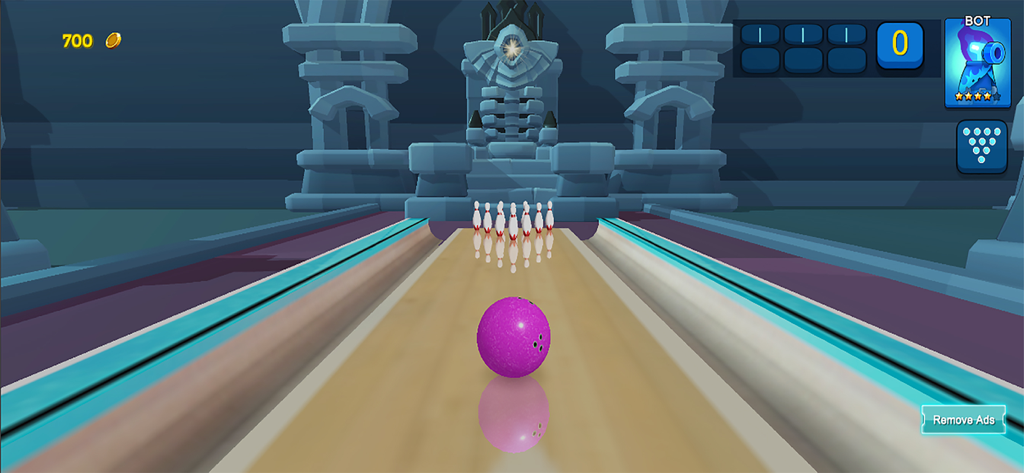 3D Bowling Crazy Bowling Games - A 3D bowling lane with a pink ball and pins in a fantasy setting.