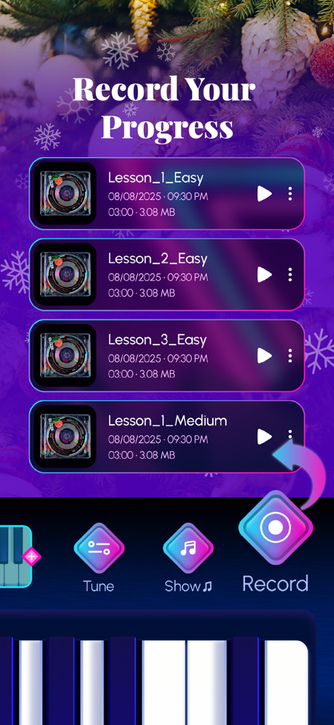 Interfaccia dell'app Piano Lessons che mostra un elenco di lezioni di musica registrate e un pulsante di registrazione prominente