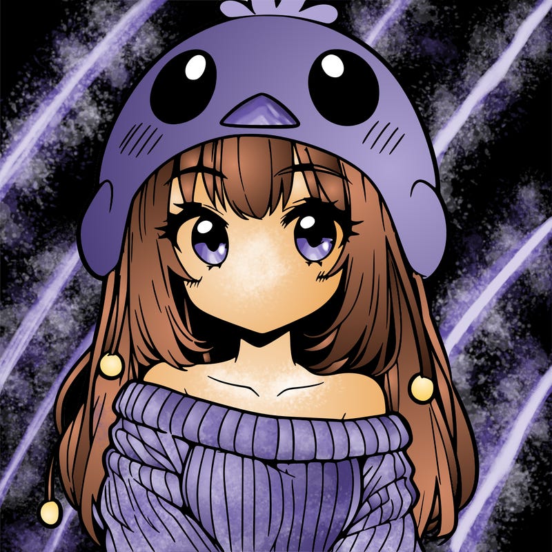 anime girl with chick shaped hat with sweater with bare shoulders with bangs covering them one eye with low tail