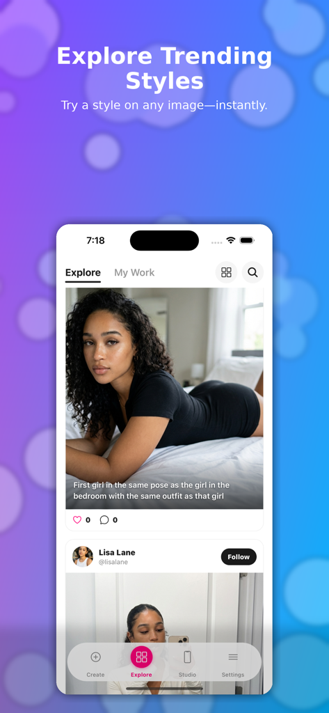 Moji AI - AI Influencer Pro - Interface of Moji AI app showing trending influencer styles and AI-generated image feed.
