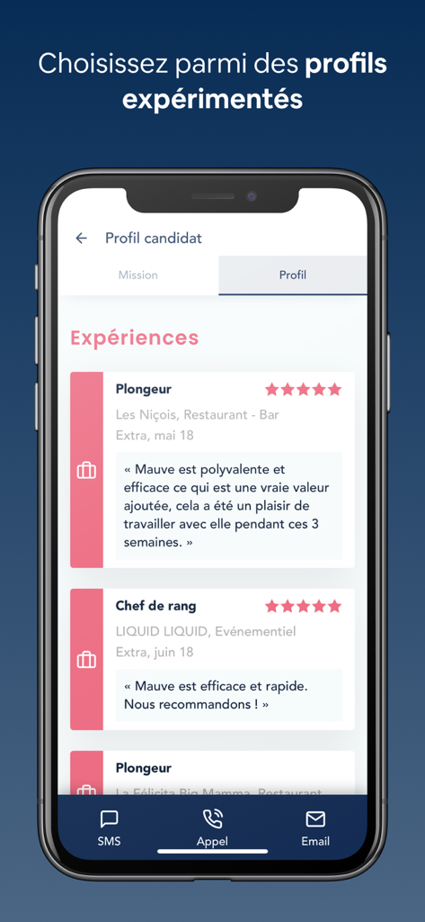 Extracadabra - Recrutement - Mobile screen showing a candidate profile with work experiences and star ratings in the Extracadabra recruitment app