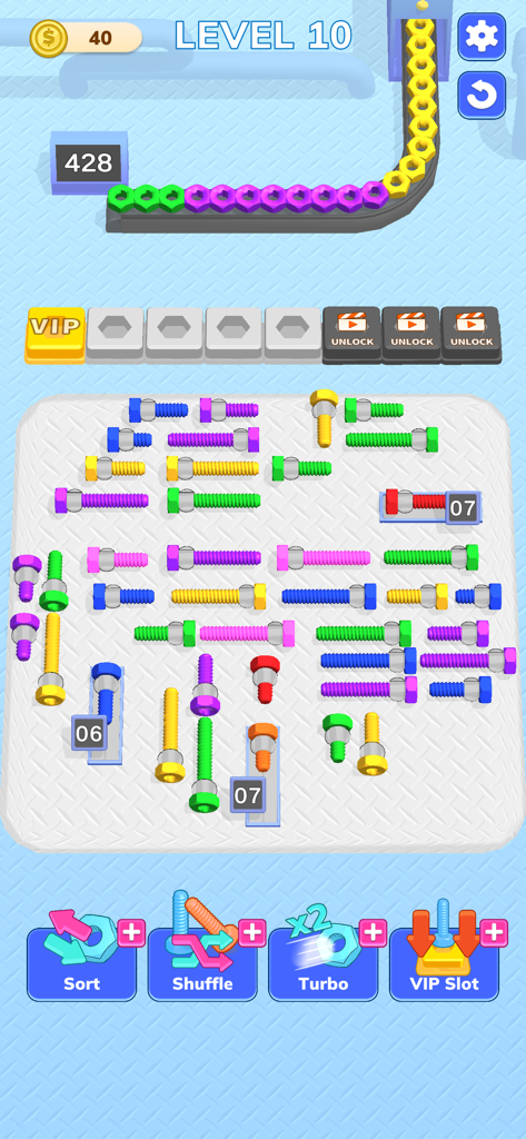 Screw Factory! - A screenshot of the Screw Factory mobile game showing colorful nuts and bolts being sorted on a puzzle board