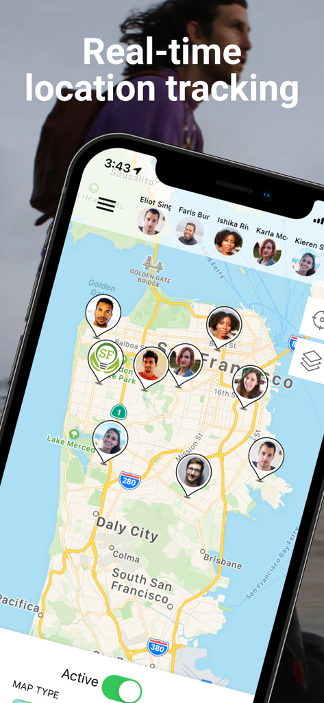 Hellotracks - GPS Locator - Hellotracks mobile app interface showing a real-time GPS map with employee locations in San Francisco