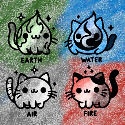 4 cats that represent the different elements, earth, water, air, and fire