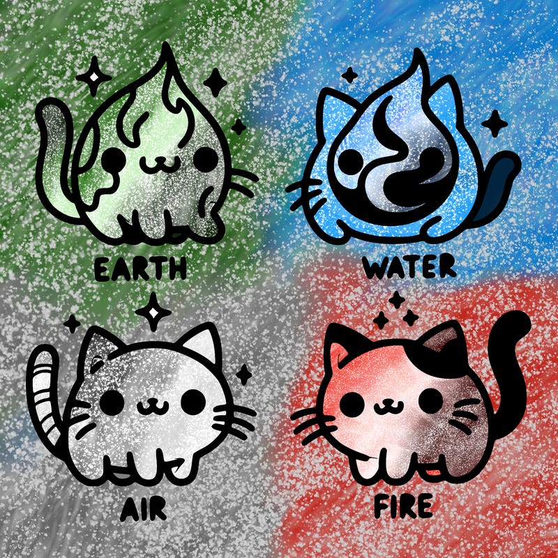 4 cats that represent the different elements, earth, water, air, and fire