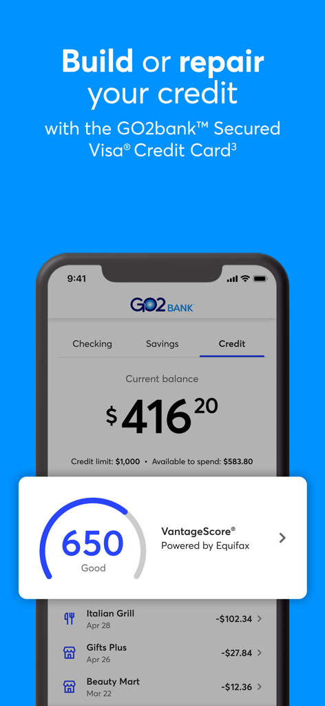 GO2bank mobile app screen showing credit score tracking and secured visa credit card balance for building credit
