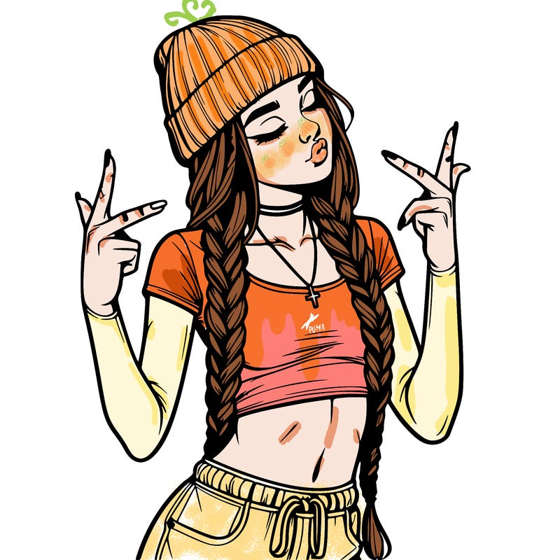realistic teenage girl with braids and a beanie and crop top doing 🫶🏼