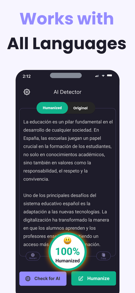 Human AI: Humanize AI Checker - Interface of Human AI app showing 100 percent humanized score for a Spanish text