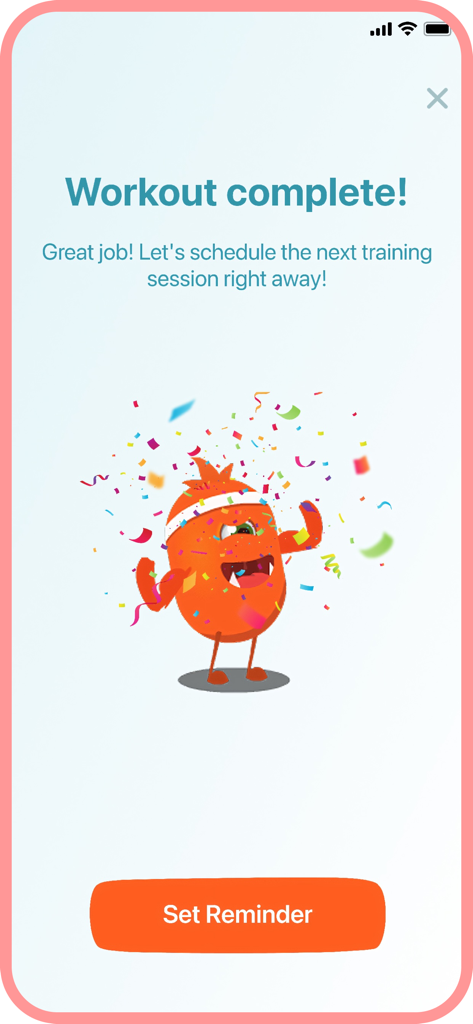 30 days Abs Workout Challenge - Workout complete screen with a celebrating mascot and a set reminder button