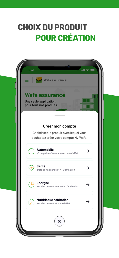 My Wafa app account creation screen with insurance product choices