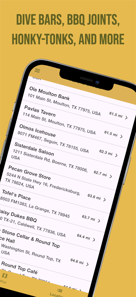 A mobile interface of the Texas Dives app displaying a curated list of dive bars, BBQ joints, and icehouses with their addresses and distances.