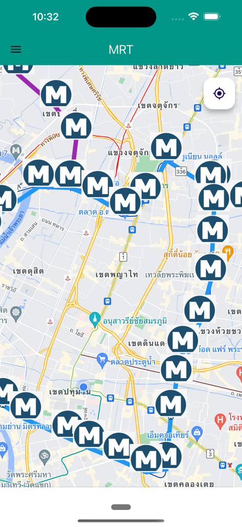 Una interfaz de mapa de la aplicación Mapa Guía BKK que muestra las ubicaciones de las estaciones de MRT en Bangkok con marcadores azules