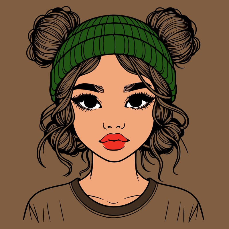 realistic girl with buns in her hair with a beanie on