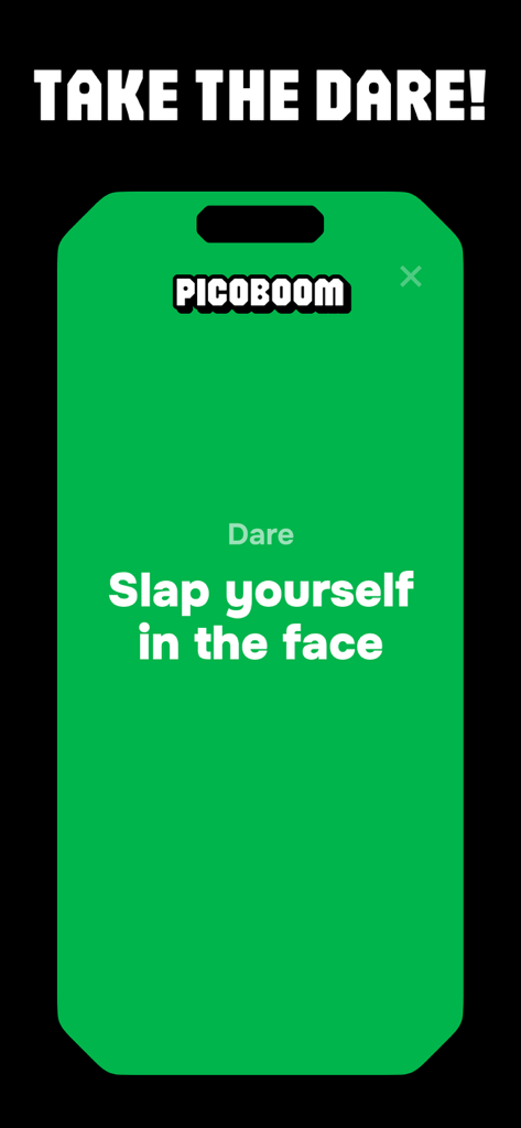 Picoboom mobile app screenshot displaying a dare challenge to slap yourself in the face on a green card