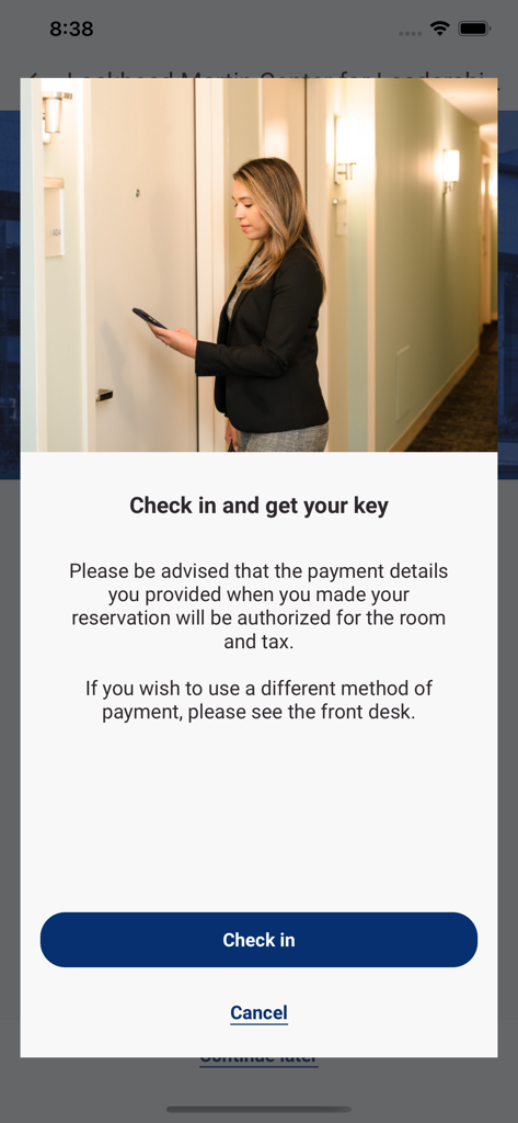 A mobile app interface for hotel check-in featuring a woman using her phone as a digital room key.