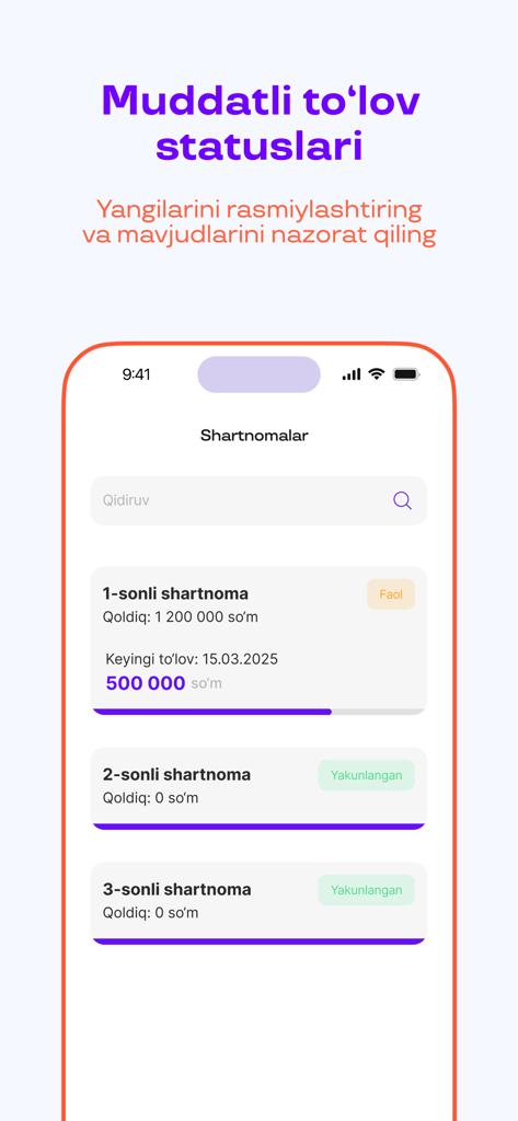 Uzum Nasiya app interface showing a list of active and completed installment payment contracts.