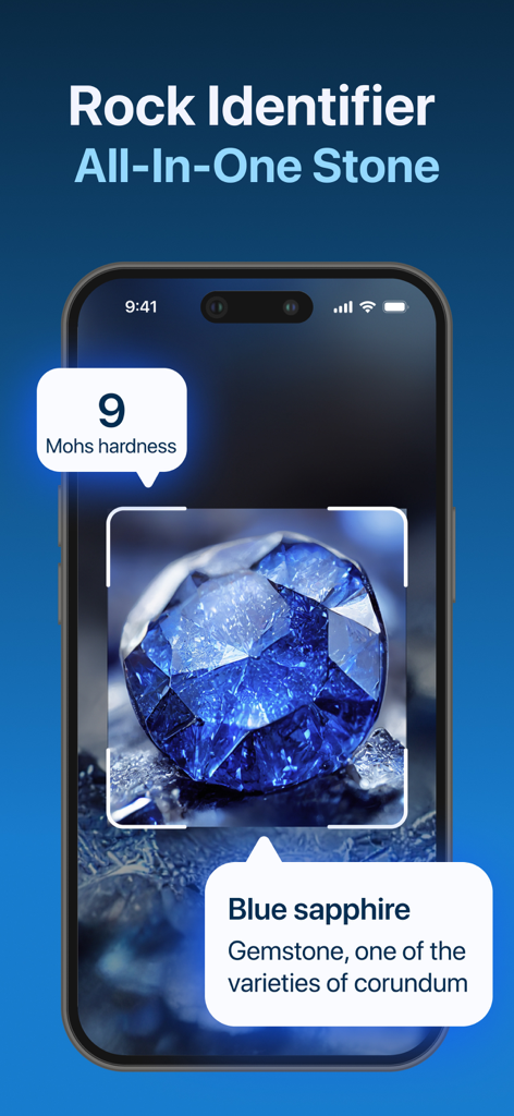 Rock Identifier ID - StoneScan - La aplicación Rock Identifier StoneScan escaneando un zafiro azul mostrando su dureza Mohs y descripción mineral