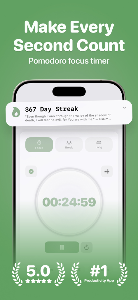 FocusHero app interface showing a Pomodoro focus timer and a 367-day focus streak notification