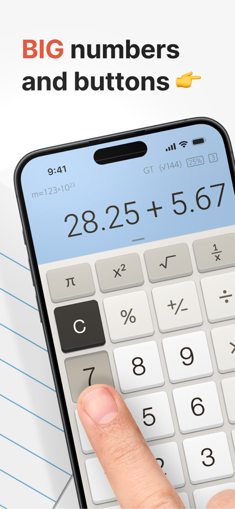 Interfaz de la aplicación Calculator Plus en un iPhone resaltando números grandes y botones grandes fáciles de presionar.