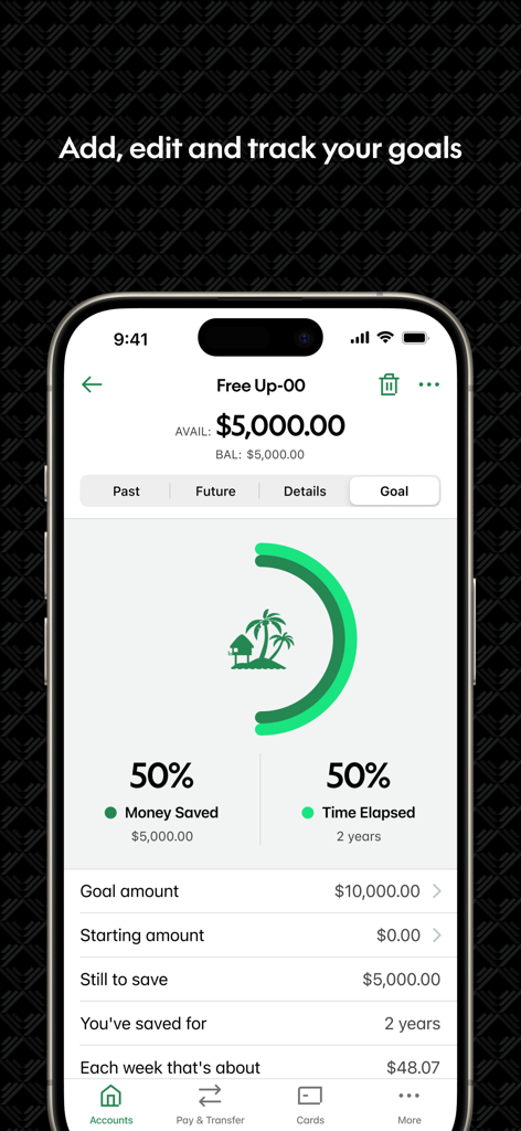 Kiwibank mobile app screen showing a savings goal tracker with progress charts
