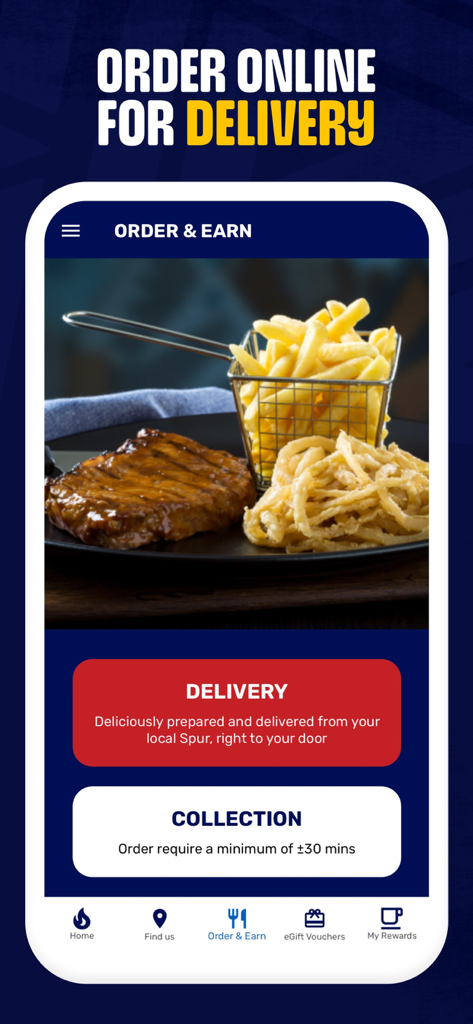 Spur Family Club - Spur Family Club app screen showing delivery and collection options with a grilled steak and fries
