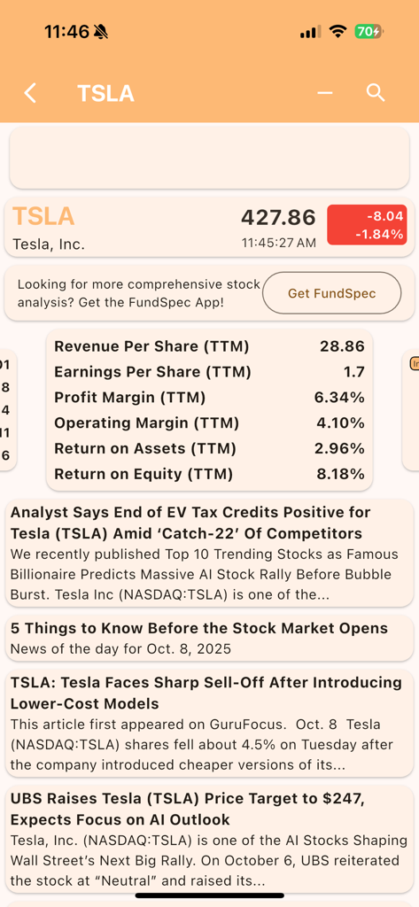 Visão detalhada das ações da TSLA mostrando métricas de preço em tempo real e as últimas manchetes de notícias financeiras
