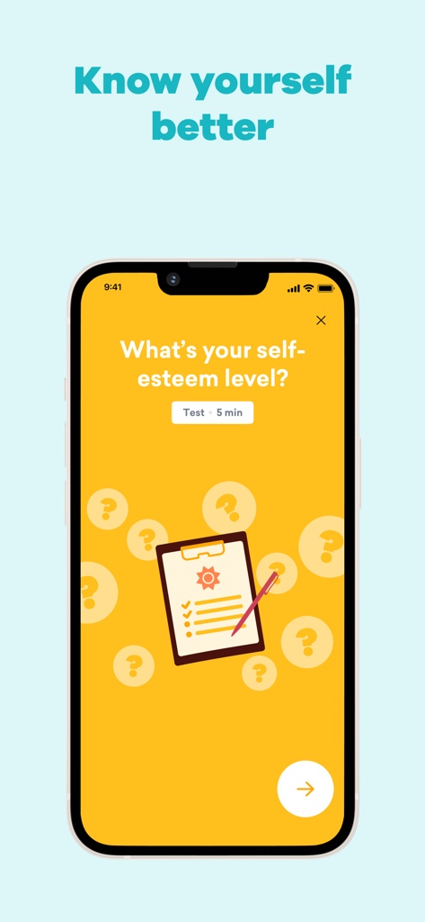 MindDay: Mental Health, Stress - Una pantalla de smartphone de la aplicación MindDay que presenta una prueba de evaluación de autoestima de cinco minutos.