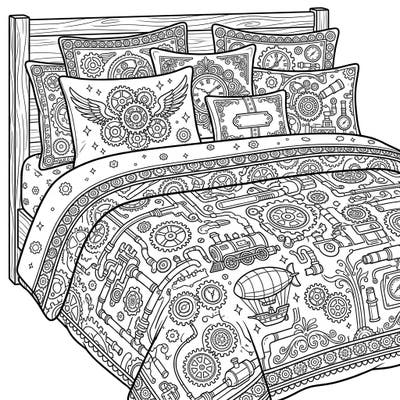 Transform your imaginary bedroom into a Steampunk masterpiece with this intricate coloring page. Explore a fascinating blend of gears, pipes, and retro-futuristic gadgets across a full bed setup.