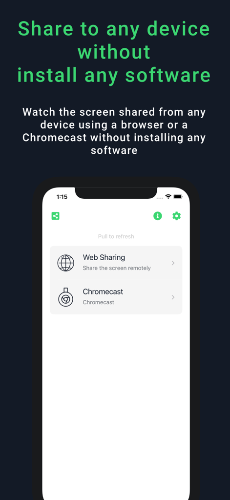Duplica - iOs Share Screen - Interfaz de la aplicación Duplica que muestra opciones para compartir pantalla web remota y duplicado de pantalla Chromecast sin software receptor
