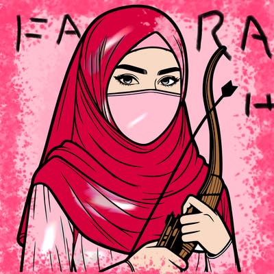 realistic muslim woman with covered face holding a drawn bow