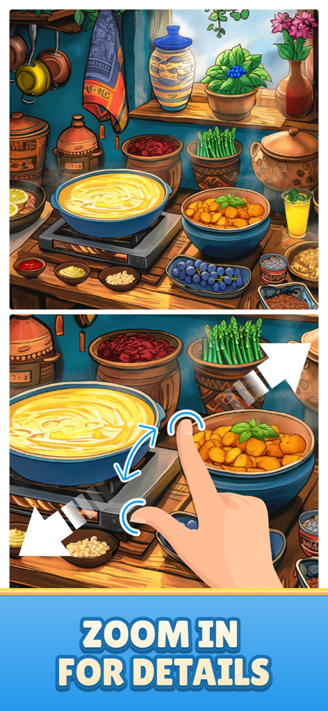 Find Master - Spot Differences - Una mano che utilizza la funzione pinch-to-zoom su un puzzle "trova le differenze" a tema cucina