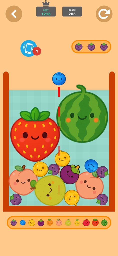 容器の中でイチゴやスイカのようなかわいいアニメーションの果物が特徴のカラフルなフルーツマージパズルゲーム
