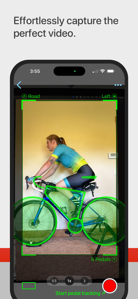 Bike Fast Fit Elite app interface capturing a cyclist on an indoor trainer using AI pedal tracking