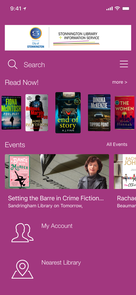 The home screen of the Stonnington Libraries app displaying books and events