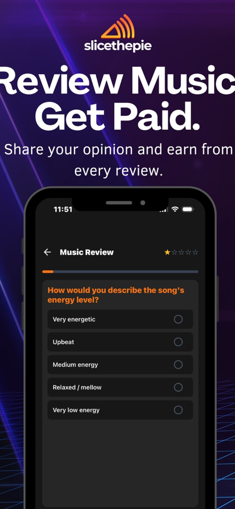 SliceThePie app interface showing a music review survey to earn rewards.