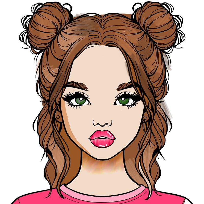 realistic girl with two buns in hair and lips